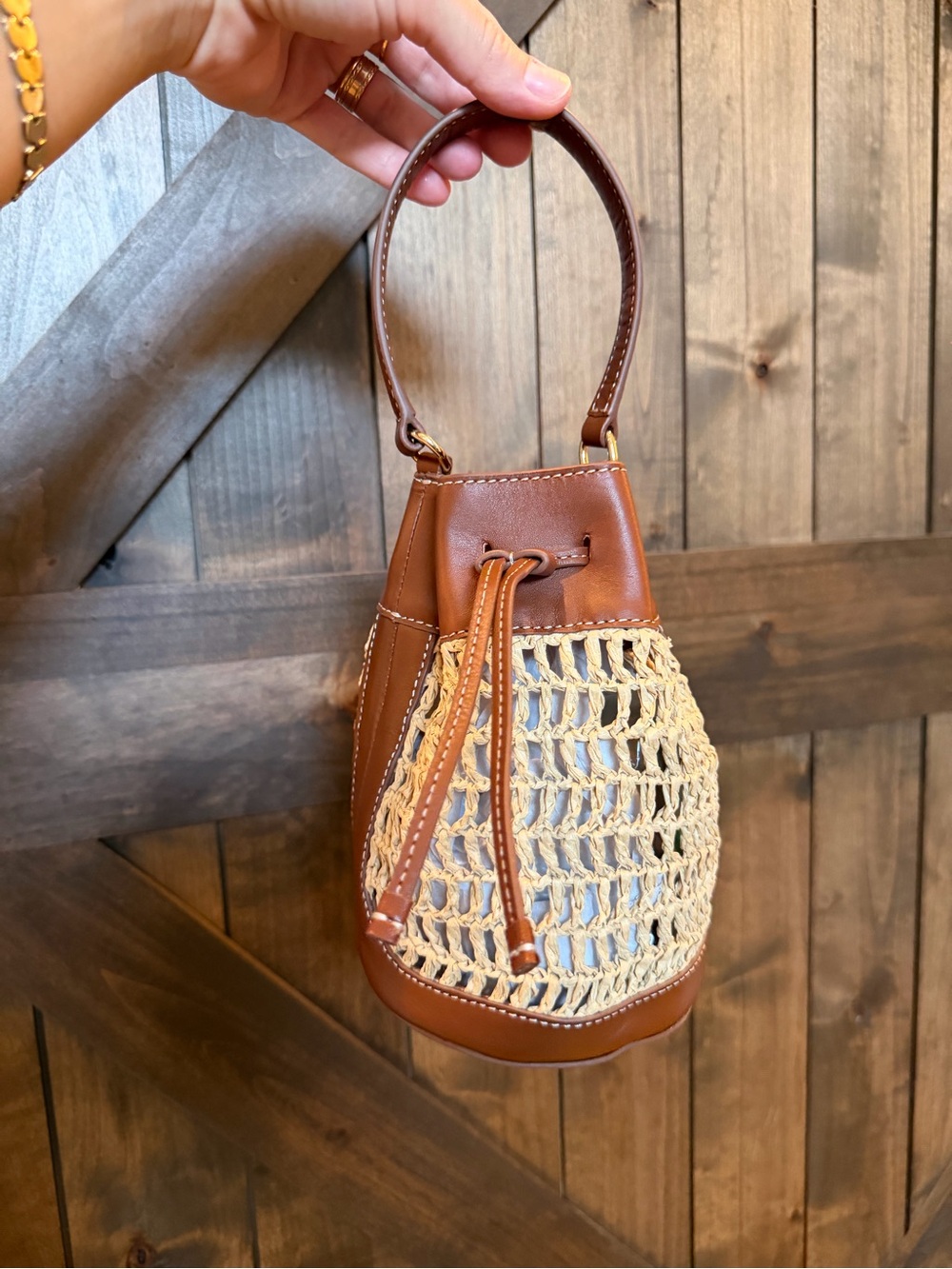 J. Crew Drawstring Bag in Straw and Leather - Picture 3 of 12